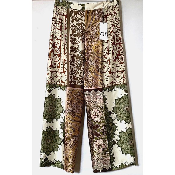 Zara Pants - Zara Pants Womens L Multicolor Floral Paisley Wide Leg Satin Effect NWT Flaw
